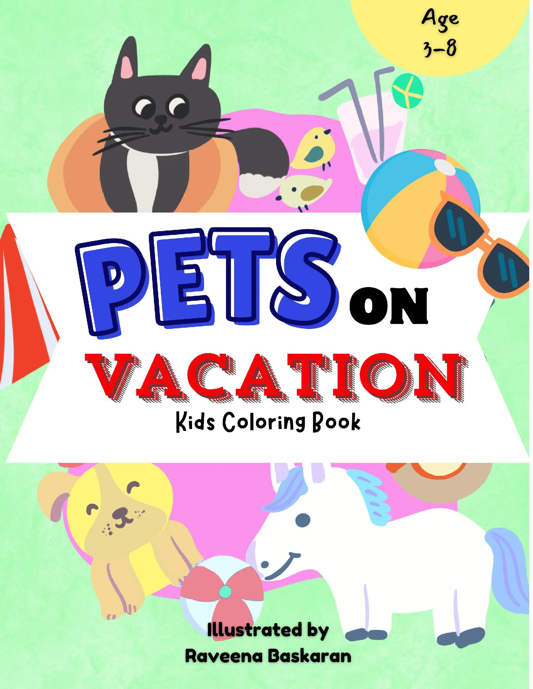Pets On Vacation Kids Coloring Book
