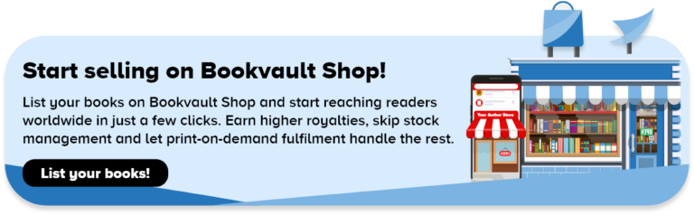 a banner titled 'start selling on bookvault shop' leading to the bookvault account setup page