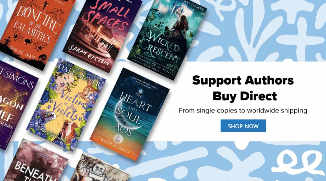 A promotional banner featuring a collection of book covers on a blue floral background with the text "Support Authors Buy Direct – From single copies to worldwide shipping" and a Shop Now button.