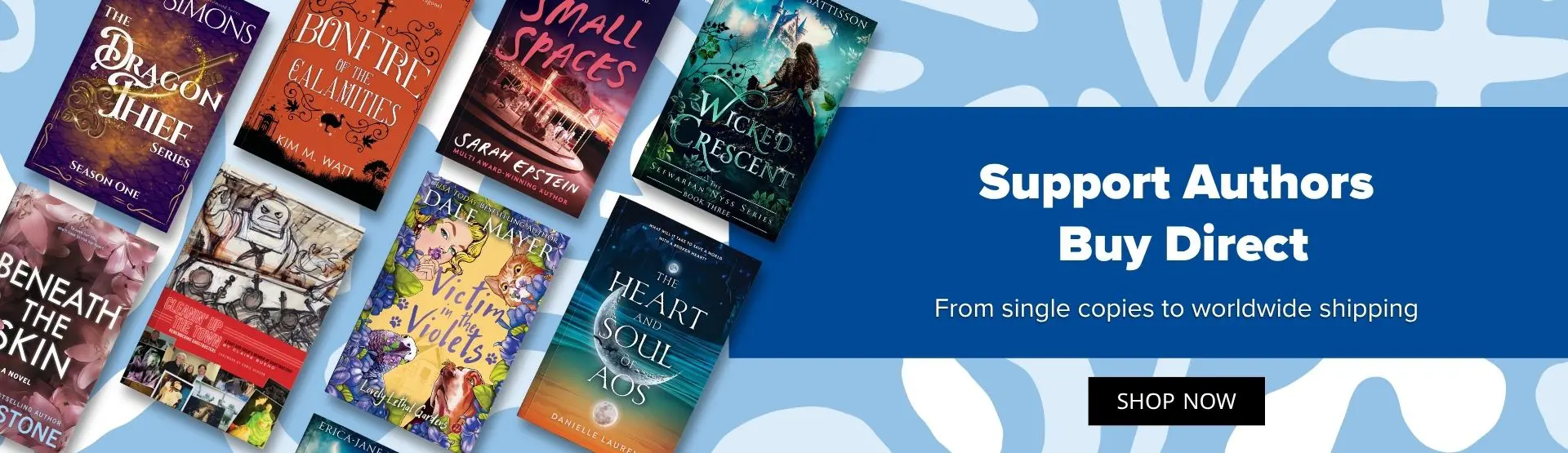 A promotional banner featuring a collection of book covers on a blue floral background with the text "Support Authors Buy Direct – From single copies to worldwide shipping" and a Shop Now button.
