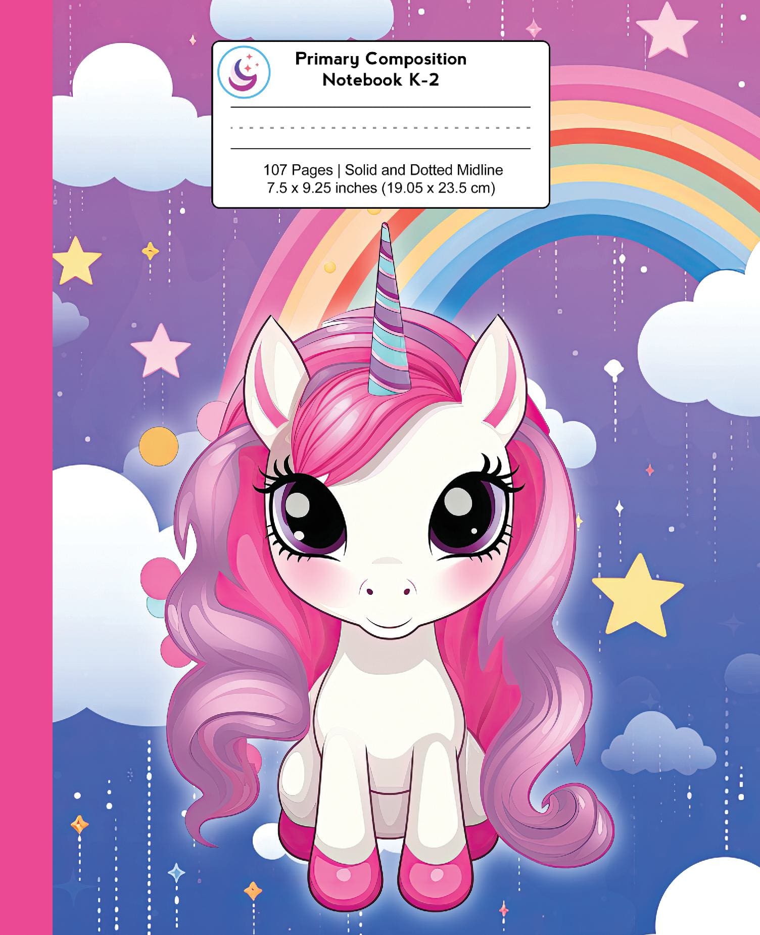 Primary Composition Notebook K-2: Kawaii Unicorn with Rainbow and Stormy Clouds