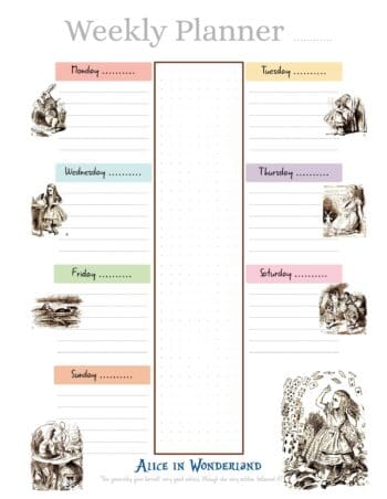 Alice's Adventures in Wonderland 8.5x11 Weekly Planner, Without Fixed Dates, 60 Sheets/120 Pages Desk Planner, Family Calendar, Friends Gift, English French Italian German Spanish Portuguese Quotes
