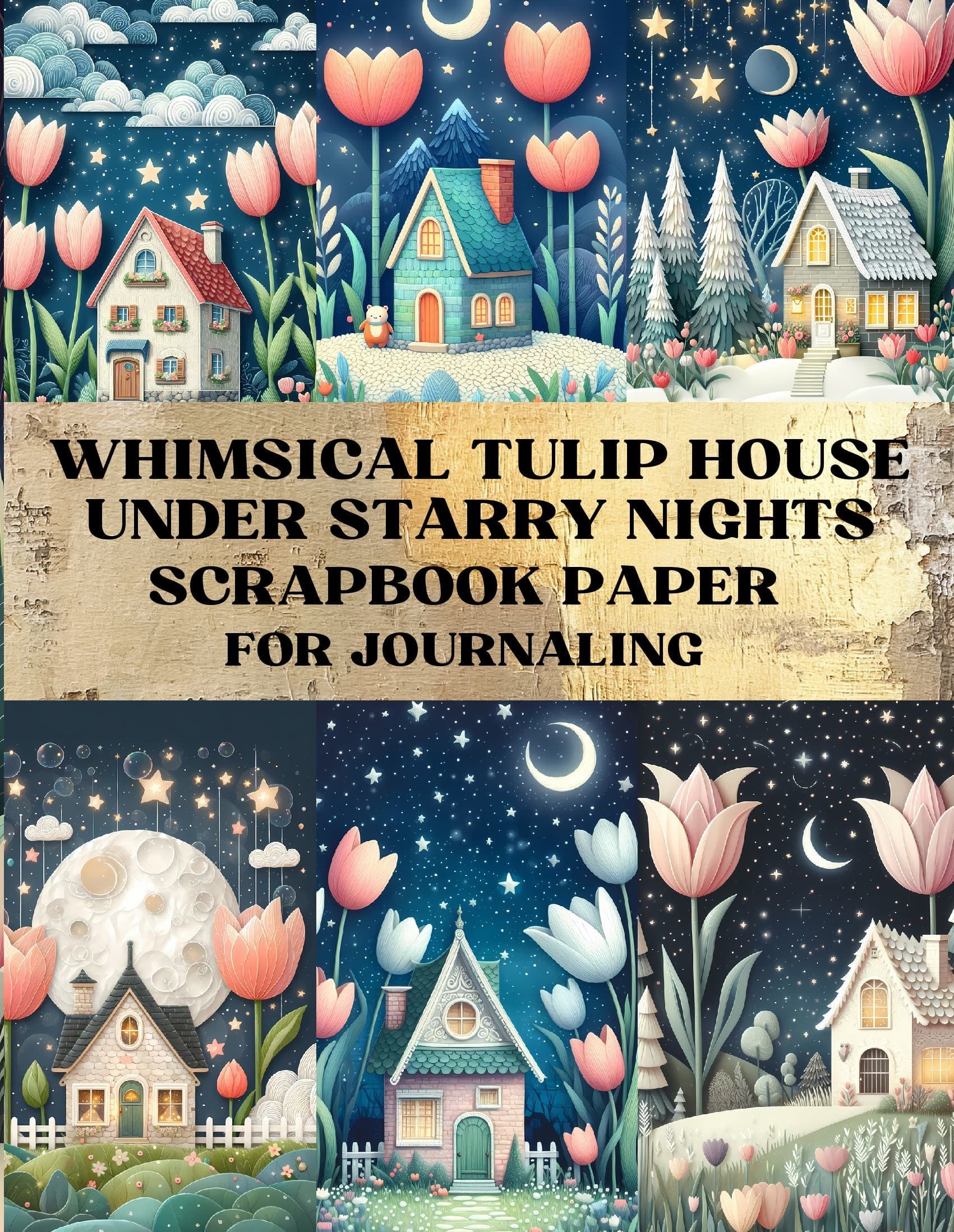 Whimsical Tulip House Under Starry Nights Scrapbook Paper