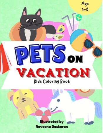 Pets On Vacation Kids Coloring Book