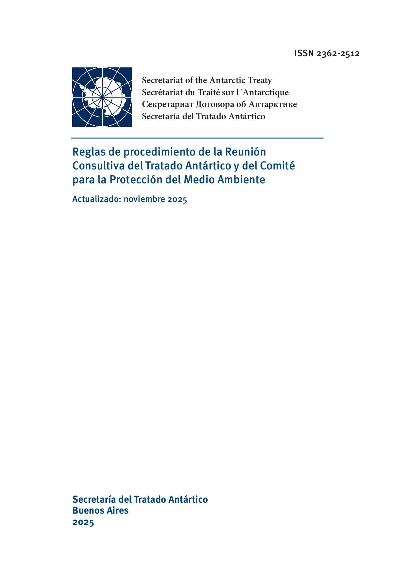 Reglas de procedimiento de la Reunión Consultiva del Tratado Antártico y del Comité para la Protección del Medio Ambiente. Actualizado: noviembre 2025