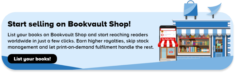 a banner titled 'start selling on bookvault shop' leading to the bookvault account setup page