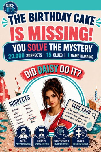 The Birthday Cake is Missing! A SUSS-IT© Suspect Elimination Mystery Puzzle for Kids Age 9+ With 20,000 Suspects, 15 Clues and One Name Remaining (SUSS-IT© Collection)
