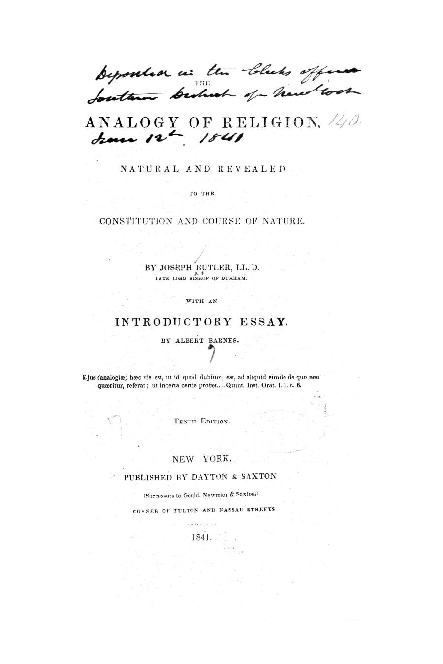 The Analogy of Religion, Natural and Revealed (1841)